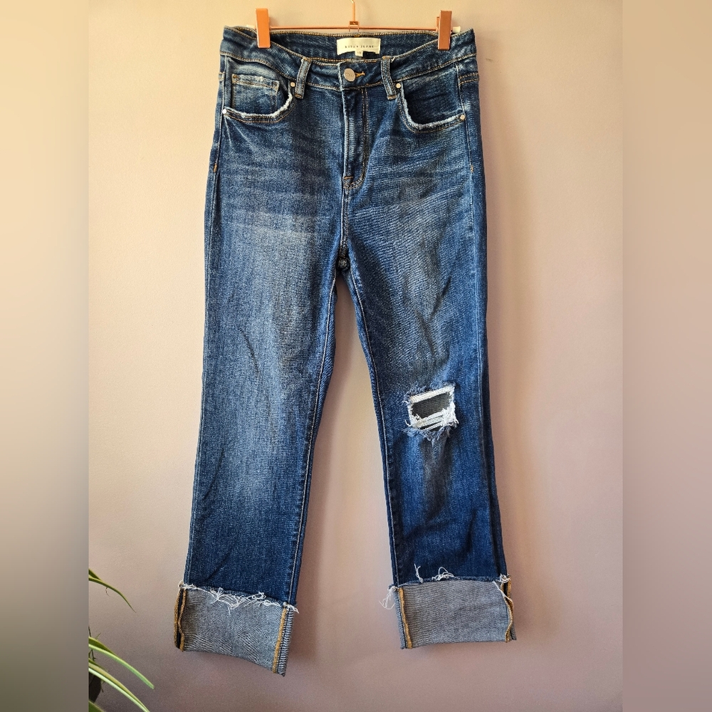 Risen High Rise Cuffed Straight Jeans Medium Wash Distressed Size 7